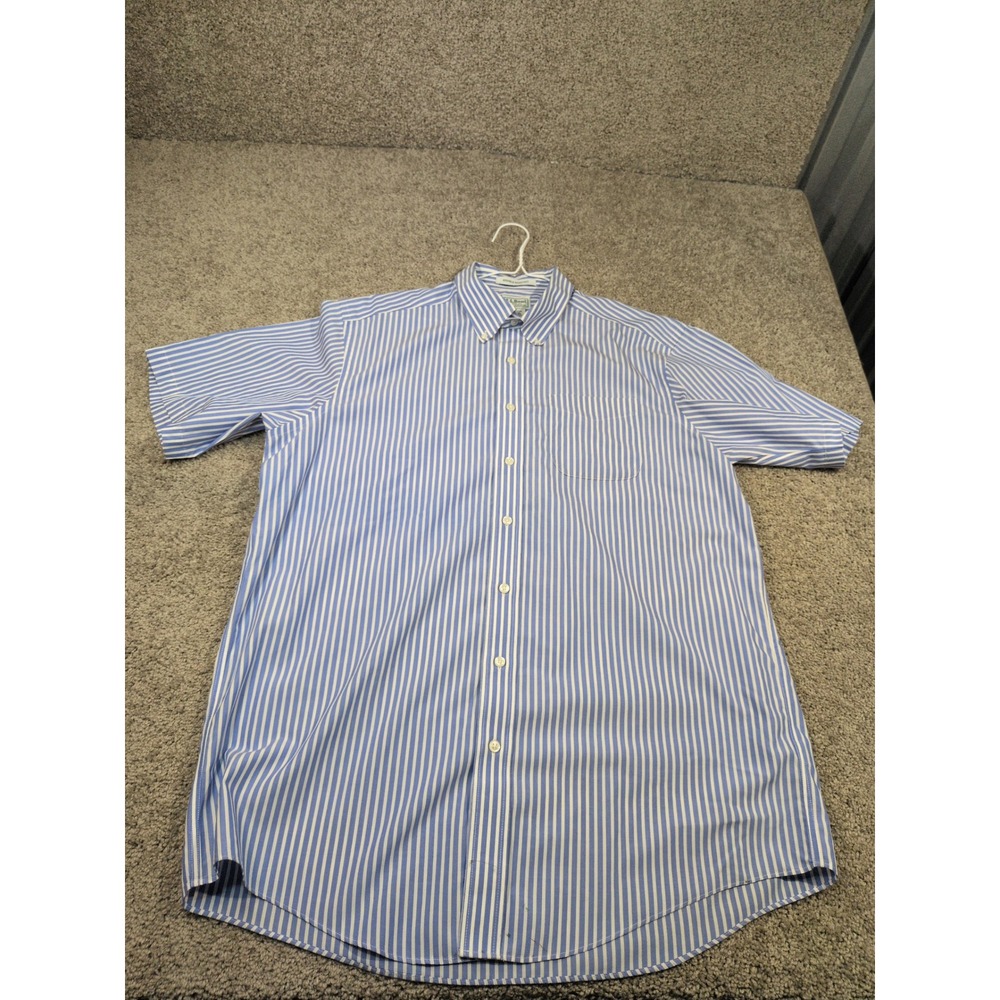 LL Bean Mens Large Tall Blue White Striped Short Sleeve Button Down Shirt Cotton
